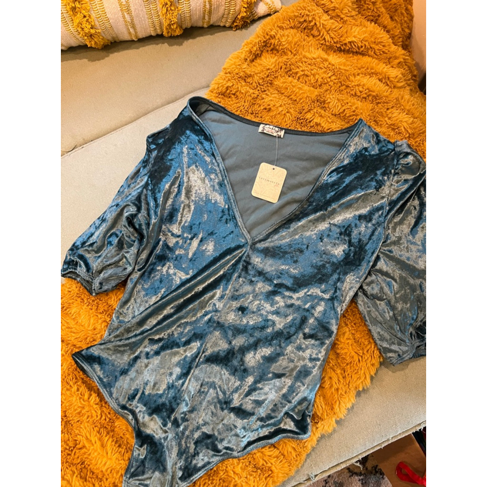 Women's Free People Teal Velvet V-Neck Bodysuit S